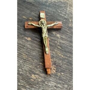 Vintage Wood and Brass Cross Crucifix Jesus INRI 4"